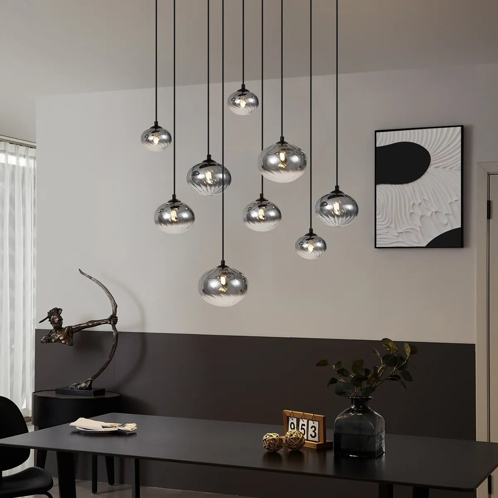 Модерен висящ лампион черен с димно стъкло 9 светлини - Jia