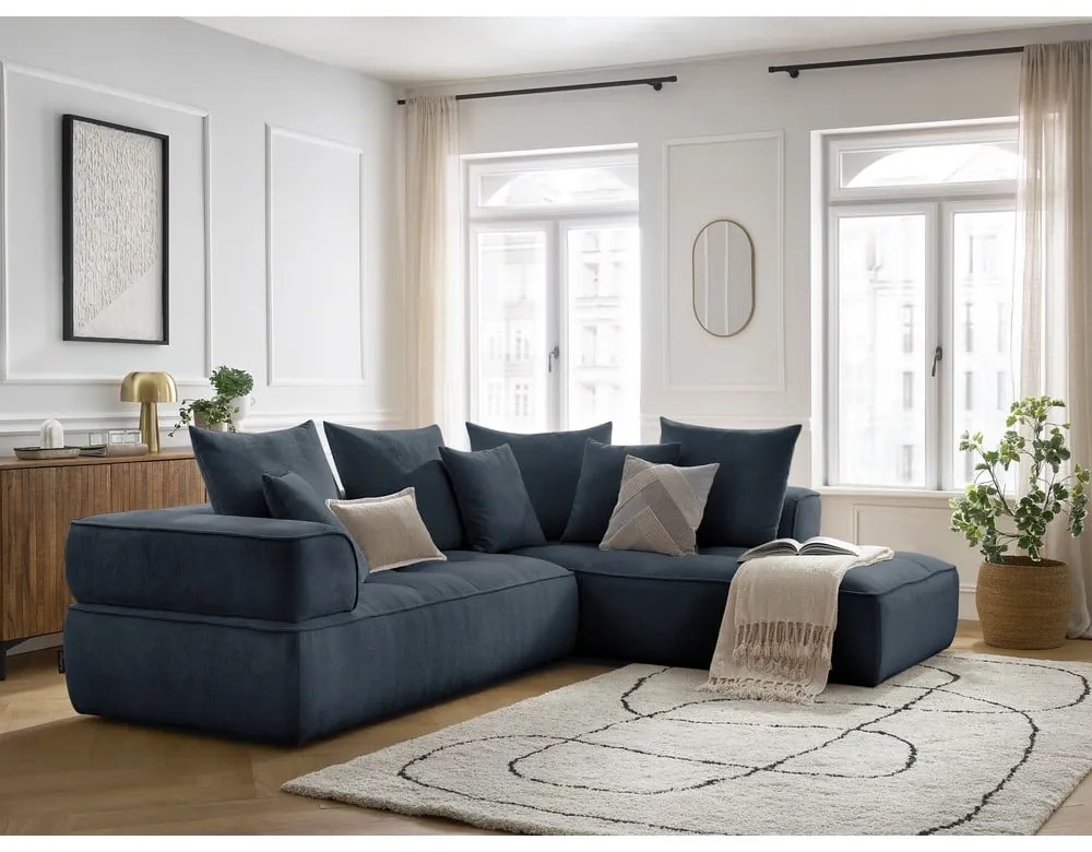 Тъмносин шенилов ъглов диван (десен ъгъл/L форма) Whesley – Bobochic Paris