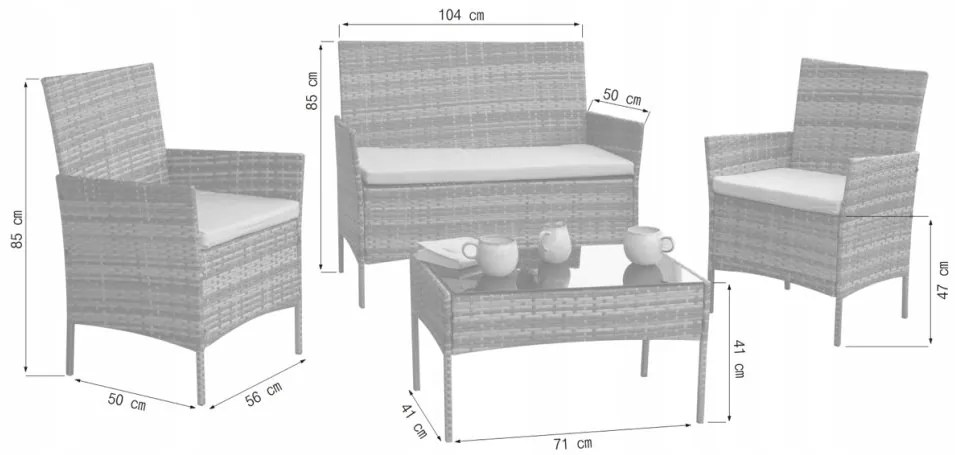 Елегантен ратанов градински комплект с маса с черно стъкло