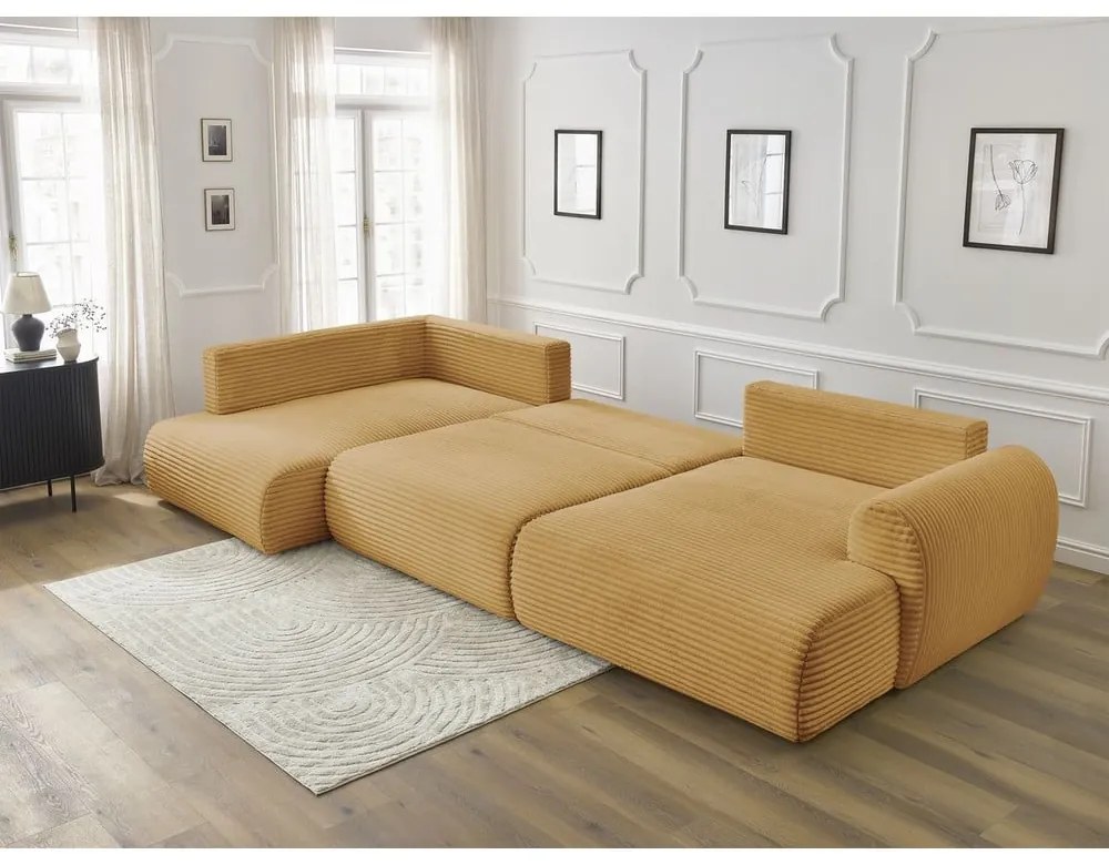 Разтегателен ъглов диван от рипсено кадифе в цвят горчица (десен ъгъл/"U" форма) Lucien – Bobochic Paris