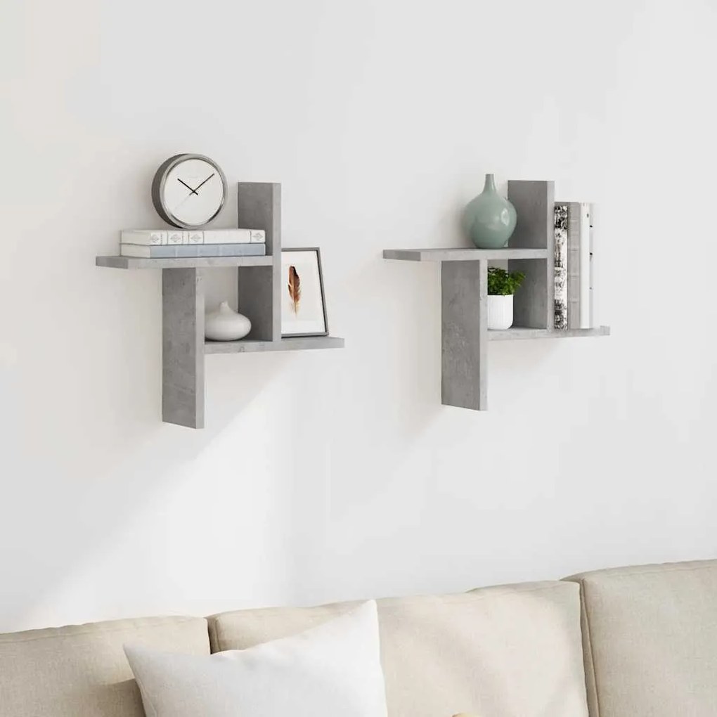 853248 vidaXL Стенни рафтове, 2 бр, бетонно сиви, 38x12x38см, инженерно дърво