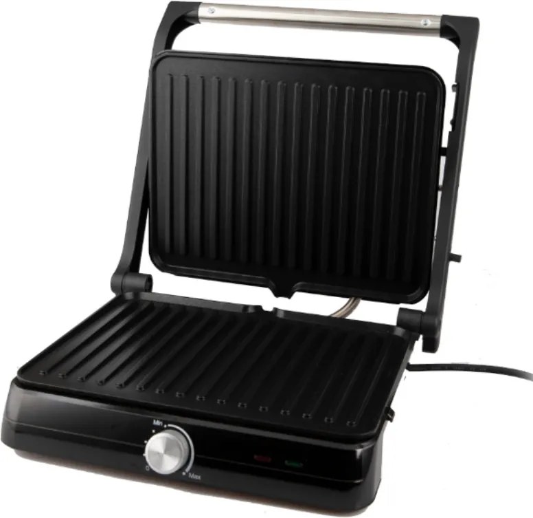 Електрическа скара Rosberg R51442M, 2000W, Грил, Незалепващи плочи-29х23 см, Отваряне на 180°C, Инокс/черен