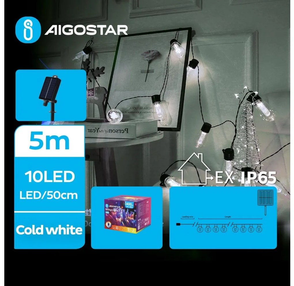 Aigostar - LED соларна коледна верига 10 LED, 8 функции, 6,5м, IP65, студена бял