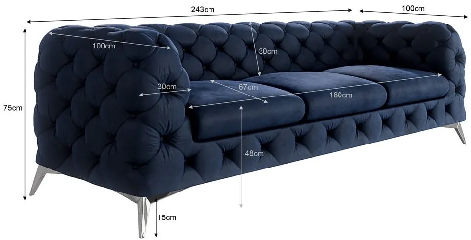 Тъмносин кадифен диван 243 cm Chelsea – Ropez