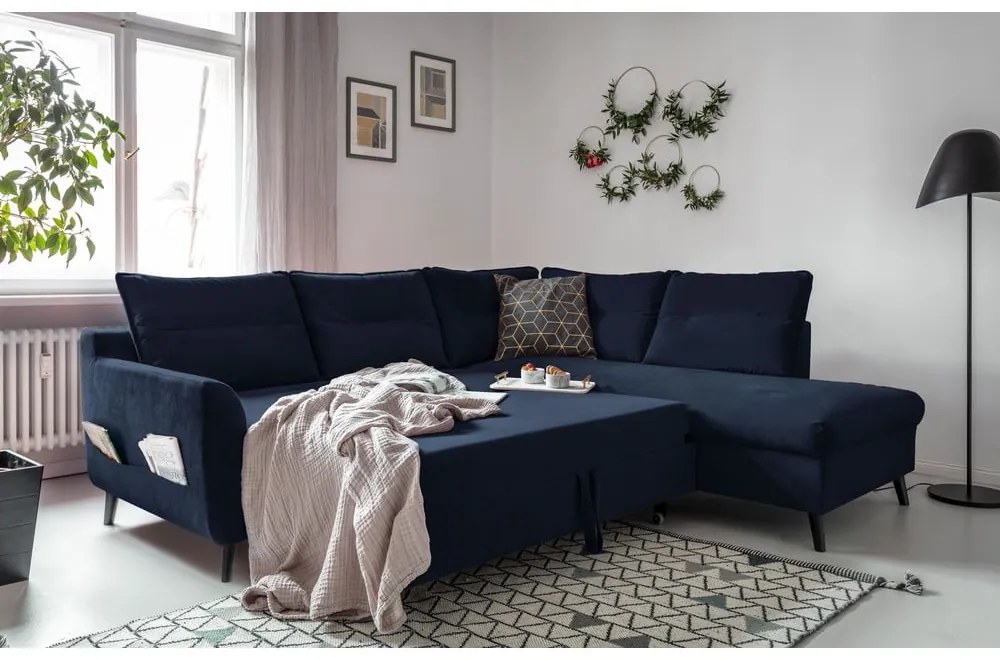 Тъмносиньо кадифено ъглово канапе L, десен ъгъл Stylish Stan - Miuform
