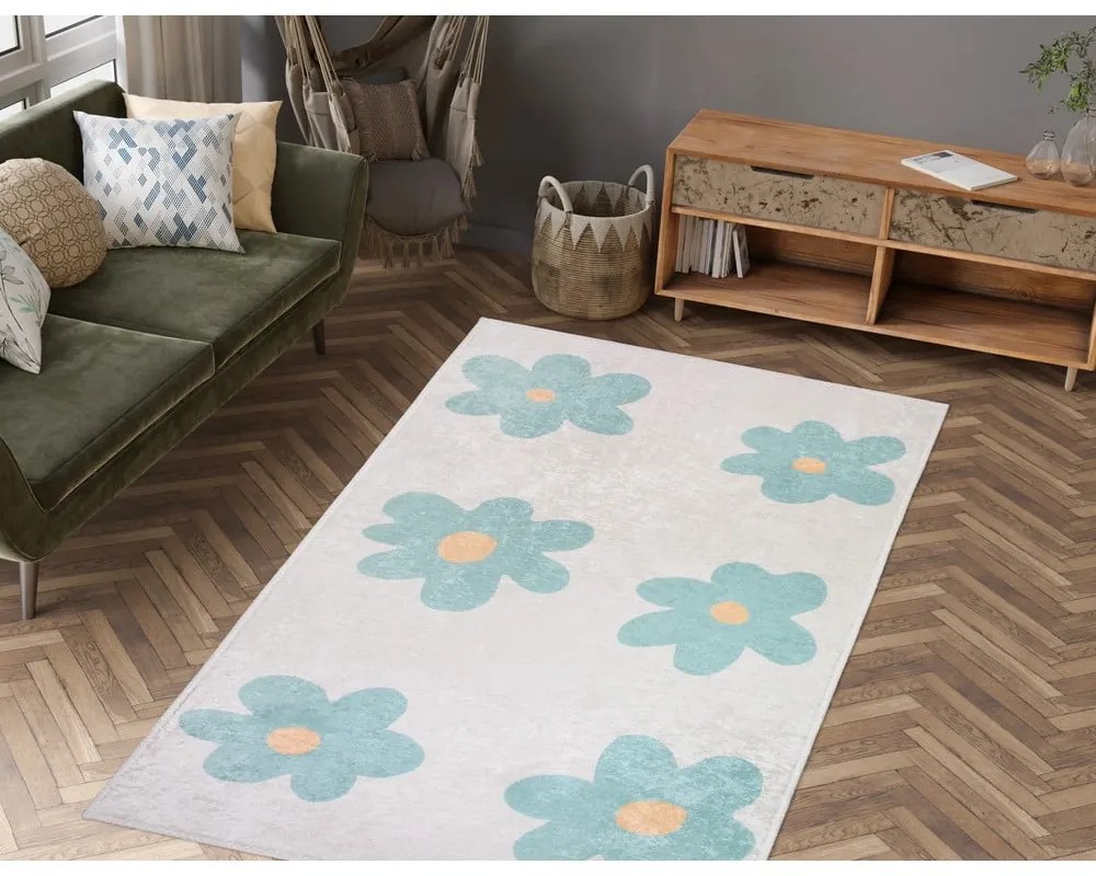 Пътека подходяща за пране в цвят мента и слонова кост 80x200 cm Cute Flowers Green – Vitaus