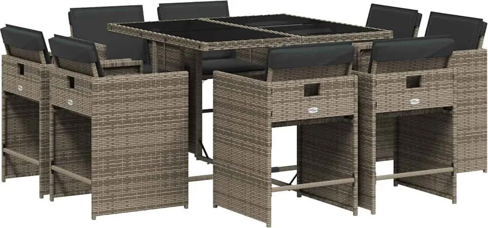 3211196 vidaXL Градински трапезен комплект 9 части с възглавници сив полиратан