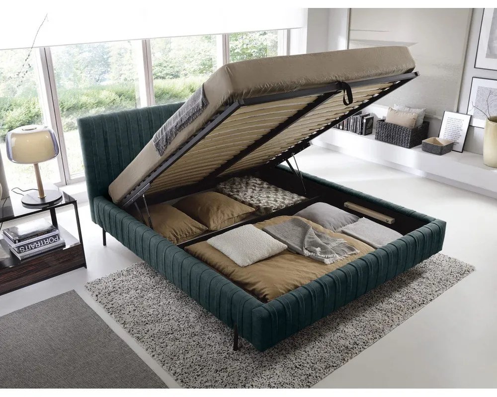 Двойно легло 160x200 cm тапицирано с място за съхранение с включена подматрачна рамка в петролен цвят Plissa – ELTAP
