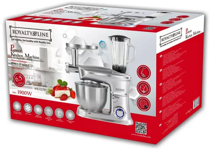 Кухненски робот 3в1 Royalty Line RL-PKM1900.7BG, 1900W, 6.5 литра, Блендер, Миксер, Месомелачка, Сребрист
