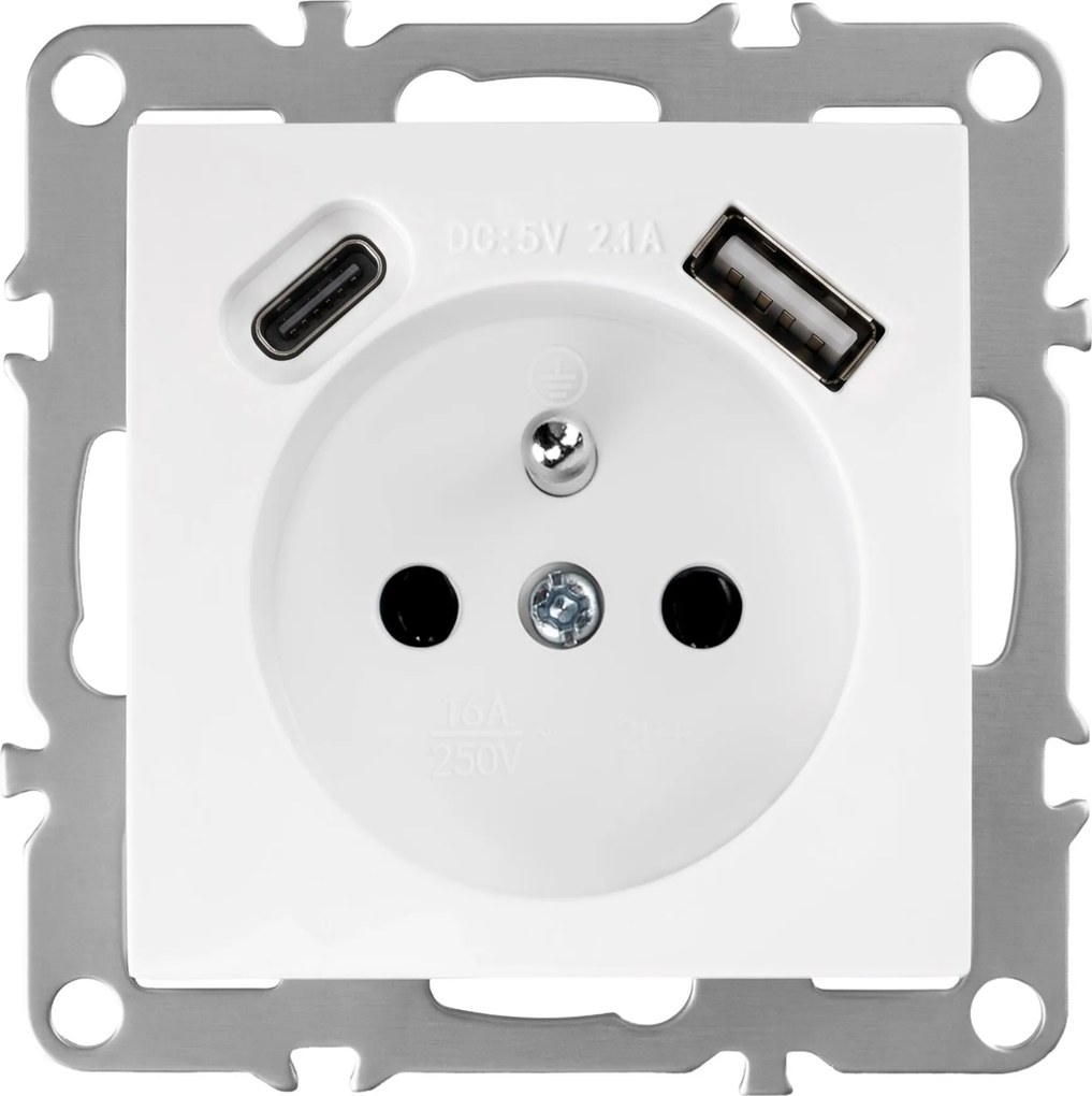 Единичен контакт със заземяване + USB-A USB-C OSTE JNH004-G White