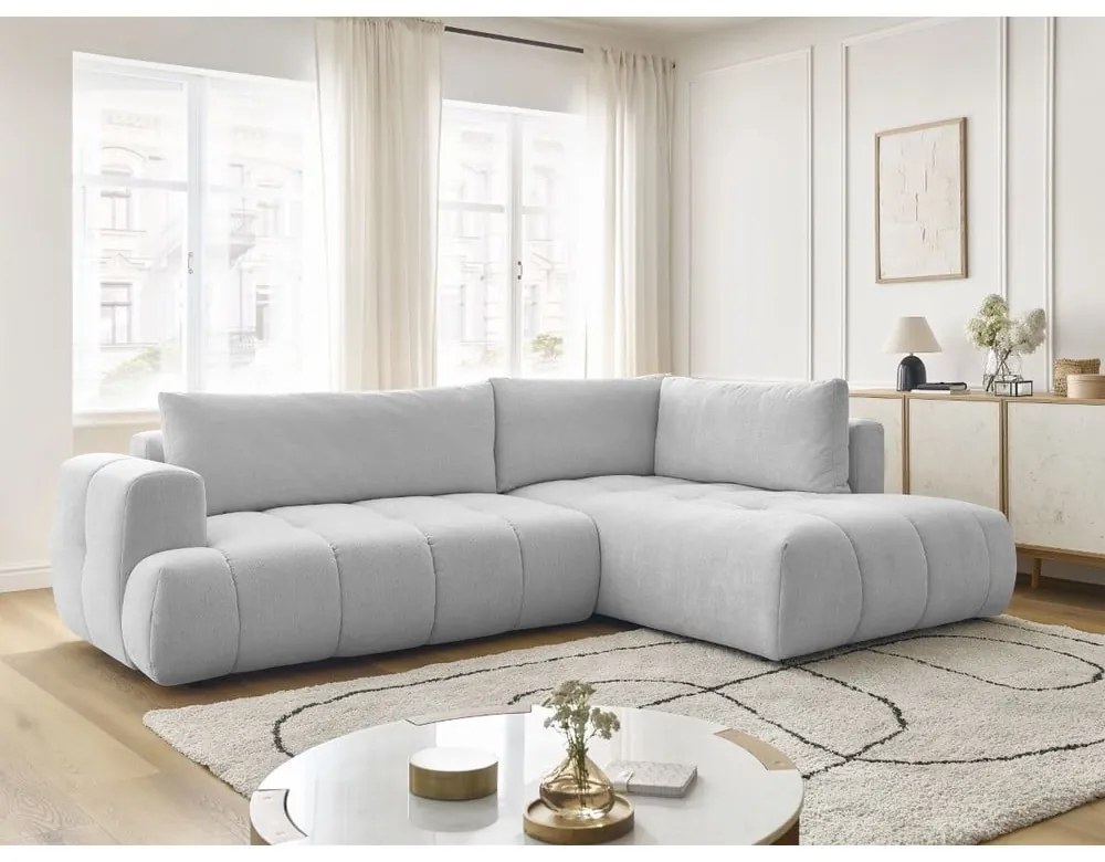 Светлосив сгъваем/с място за съхранение ъглов диван (десен ъгъл/L форма) Fuji – Bobochic Paris