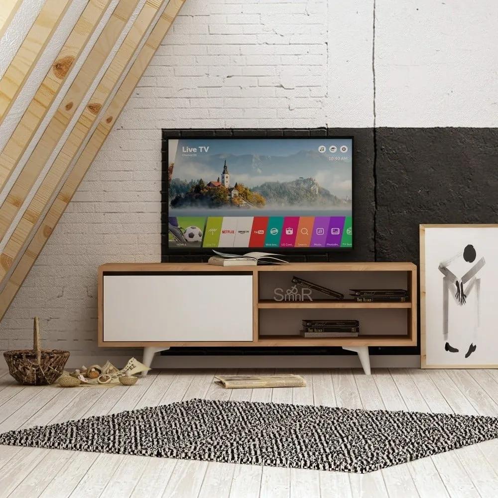 Бяла маса за телевизор с детайли от дъбово дърво от Garetto Maku - Mod Design