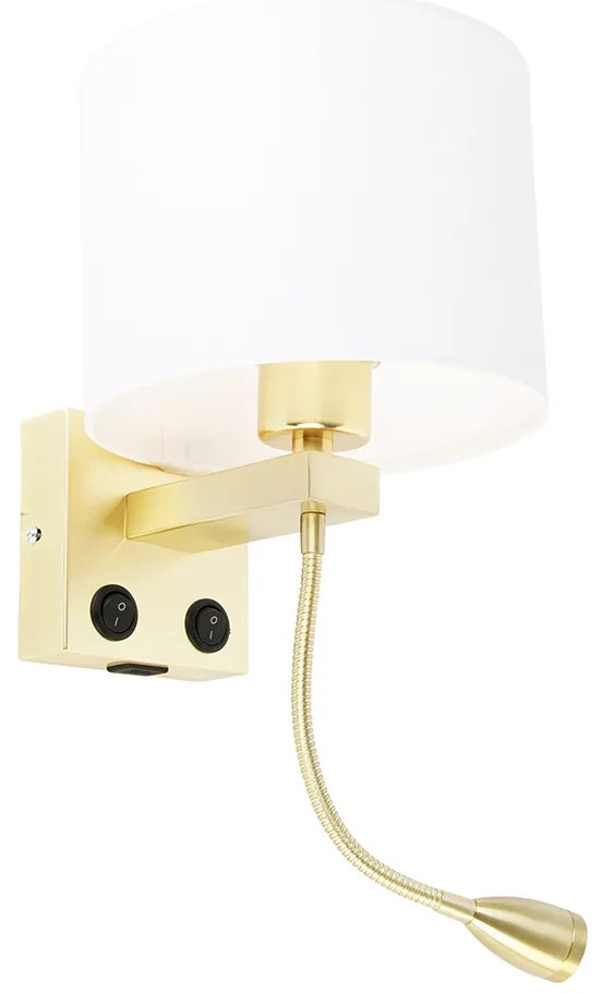 Стенна лампа златиста с USB и бял абажур 18 см - Brescia Combi