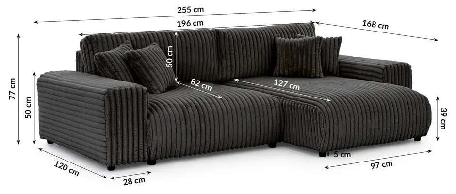 Тъмносив разтегателен ъглов диван от рипсено кадифе с място за съхранение (десен ъгъл) Sarina – Ropez