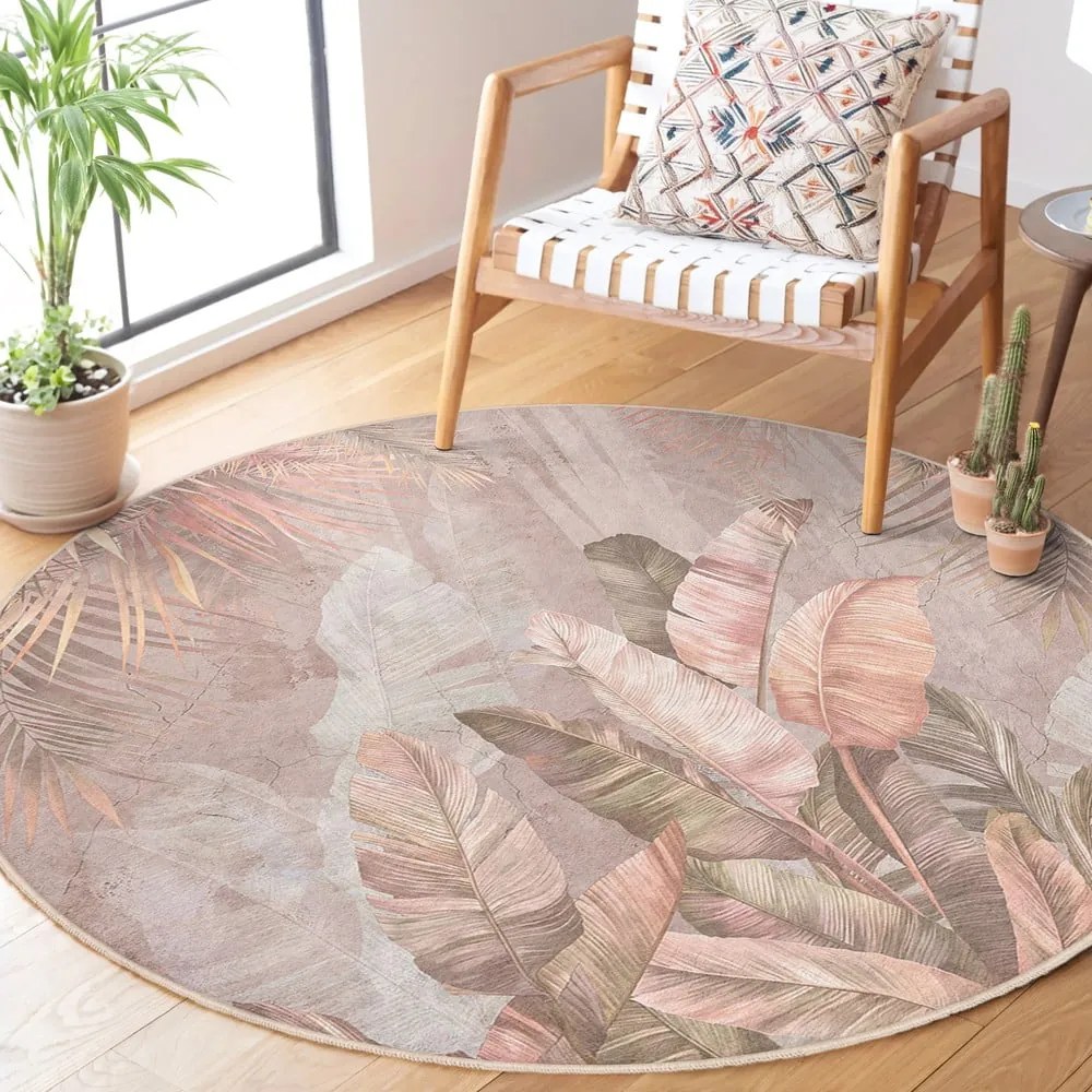 Светлорозов кръгъл килим подходящ за пране ø 150 cm Dusty Leaves – Mila Home