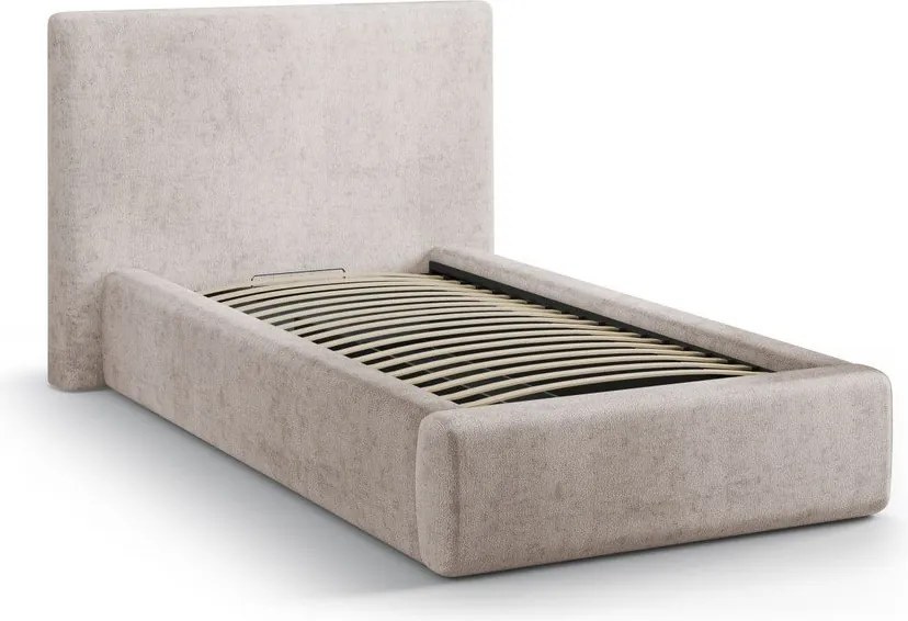 Бежово единично легло 90x200 cm тапицирано с място за съхранение с включена подматрачна рамка Amy – Micadoni