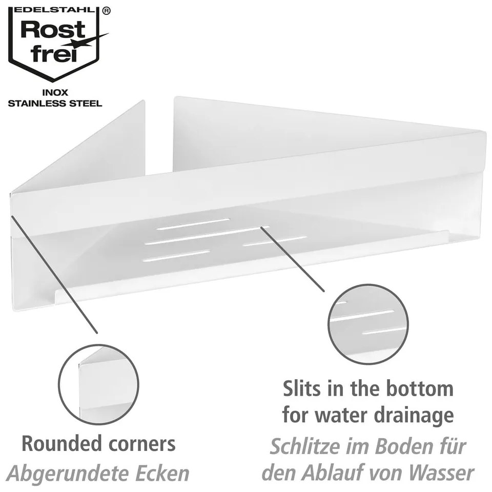 Ъглов рафт за баня без пробиване от неръждаема стомана в матово бял цвят Genova – Wenko