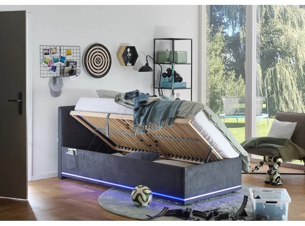 Тъмносиво тапицирано детско легло 90x200 cm с място за съхранение с включена подматрачна рамка Circle – Meise Möbel