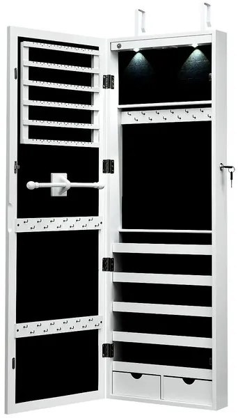 LED шкаф за бижута с огледало за цялото тяло, монтаж на врата и стена 37 x 9.5 x 108 см Бял