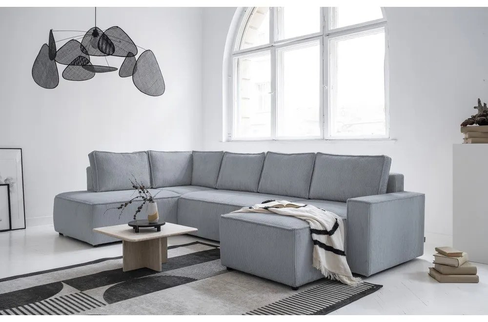Светлосив разтегателен ъглов диван от рипсено кадифе (ляв ъгъл/"U" форма) Brave Dave – Miuform