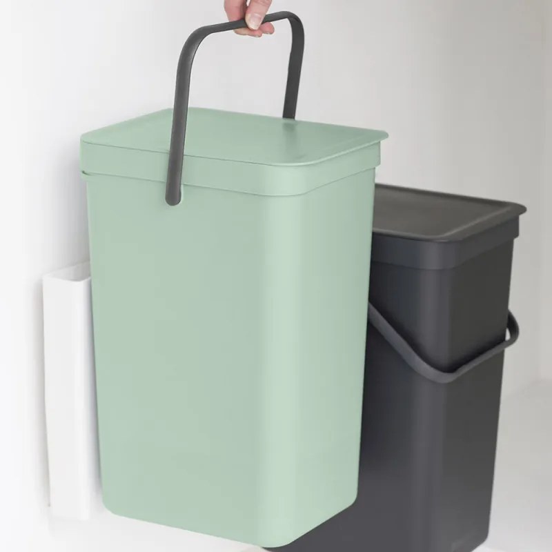 Кош за разделно събиране на боклук Brabantia Sort&Go 1005518, 2x16 л, Монтаж върху врата на кухненски шкаф, Сив/зелен
