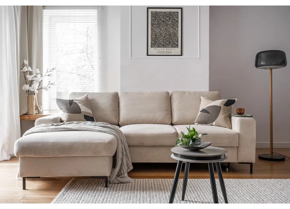 Бежов разтегателен ъглов диван от рипсено кадифе (ляв ъгъл) Lofty Lilly – Miuform