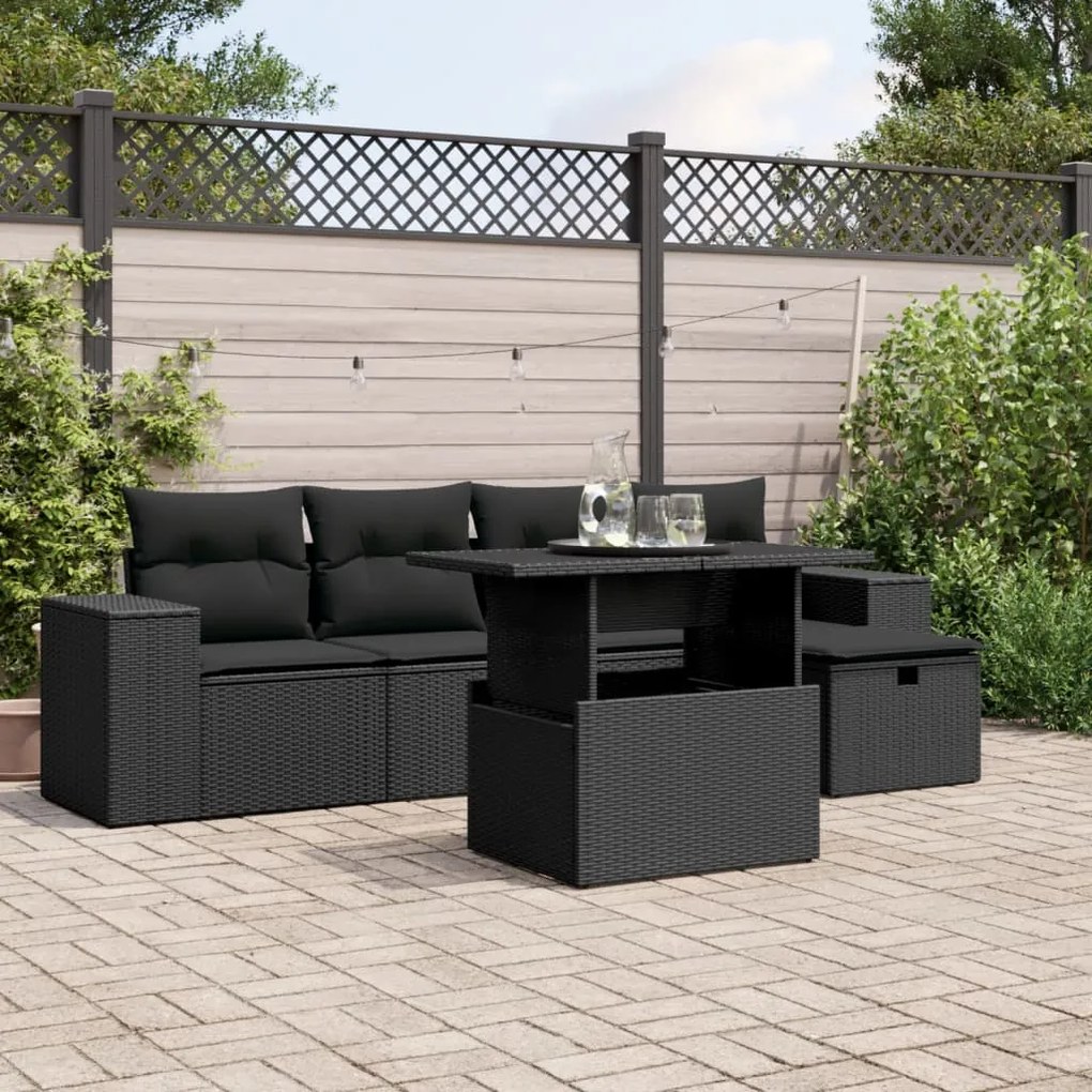3275285 vidaXL Градински диван с възглавници, 6 части, черен, полиратан