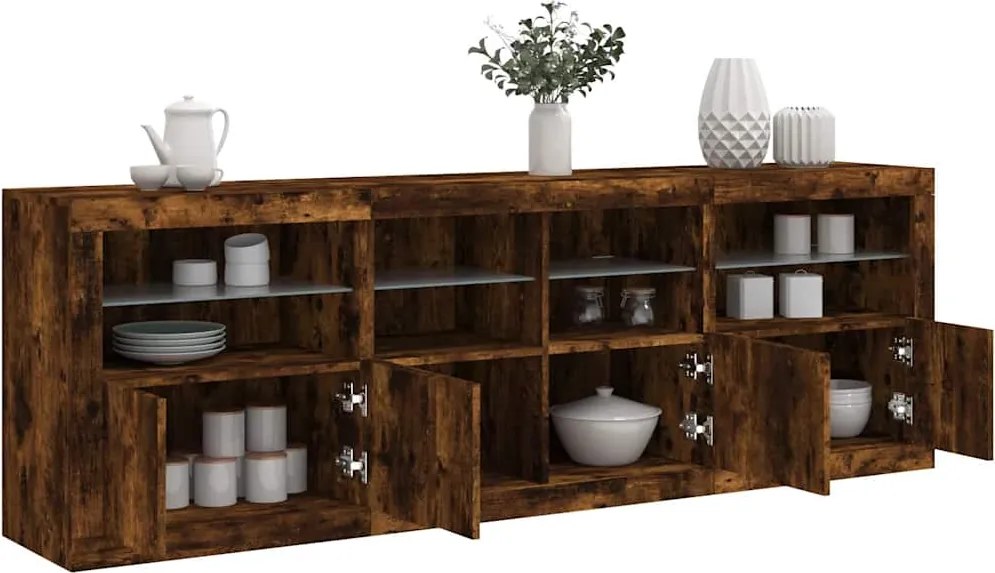 3209013 vidaXL Сайдборд с LED светлини, oпушен дъб, 202x37x67 см