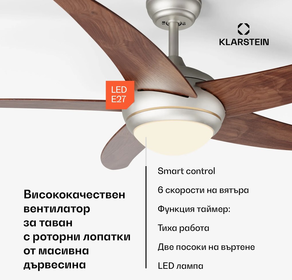 Klarstein Bolero 2 в 1 Smart, вентилатор за таван, Ø 132 cm, светлина 55 W, дистанционно управление, управление чрез приложение, двупосочно управление