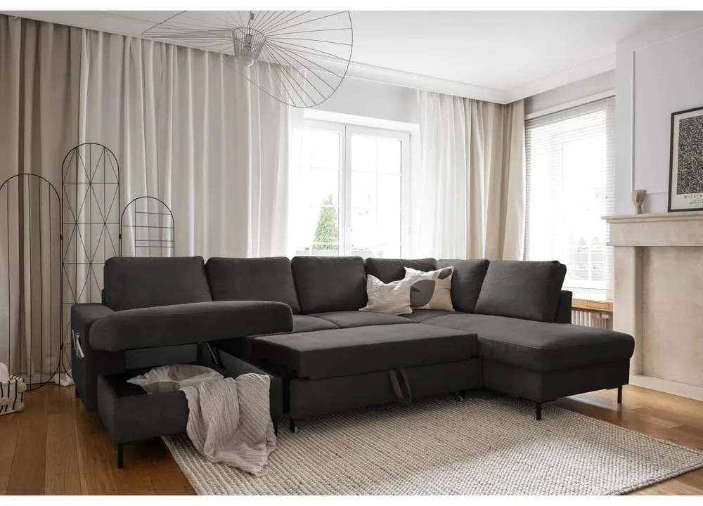 Тъмносив разтегателен ъглов диван от рипсено кадифе (десен ъгъл) Lofty Lilly – Miuform