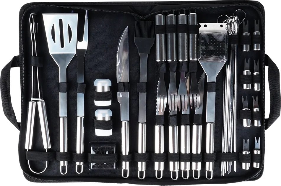 Комплект аксесоари за барбекю в калъф, 33 части, изработени от неръждаема стомана