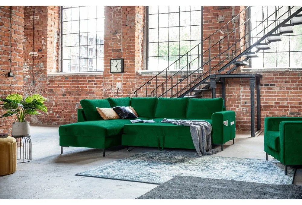 Тъмнозелен кадифен разтегателен ъглов диван (ляв ъгъл) Lofty Lilly – Miuform