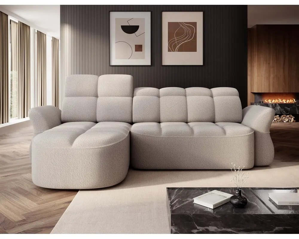 Бежов сгъваем/с място за съхранение ъглов диван от прежда с примки от букле (ляв ъгъл) Beneth – ELTAP