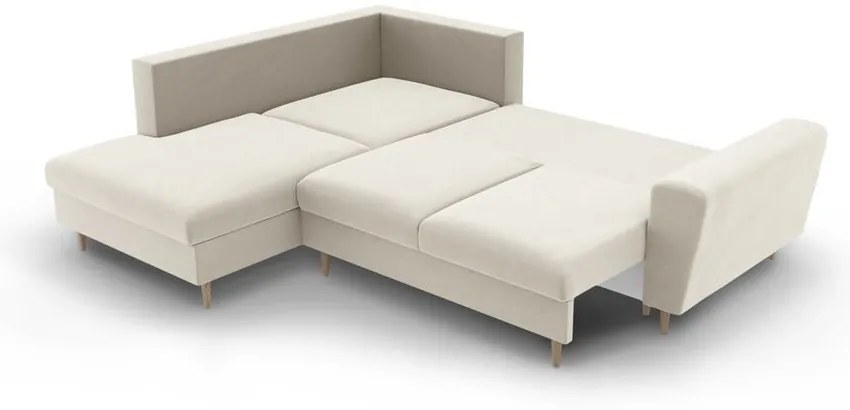 Бежов кадифен разтегателен ъглов диван с място за съхранение (ляв ъгъл/L форма) Kyoto – Cosmopolitan Design
