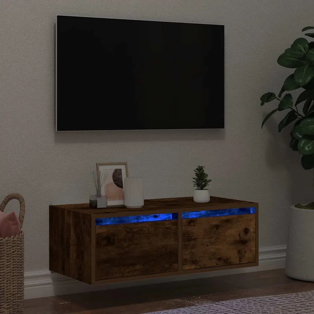 860233 vidaXL ТВ шкаф с LED осветление, опушен дъб, 75x35,5x25 см