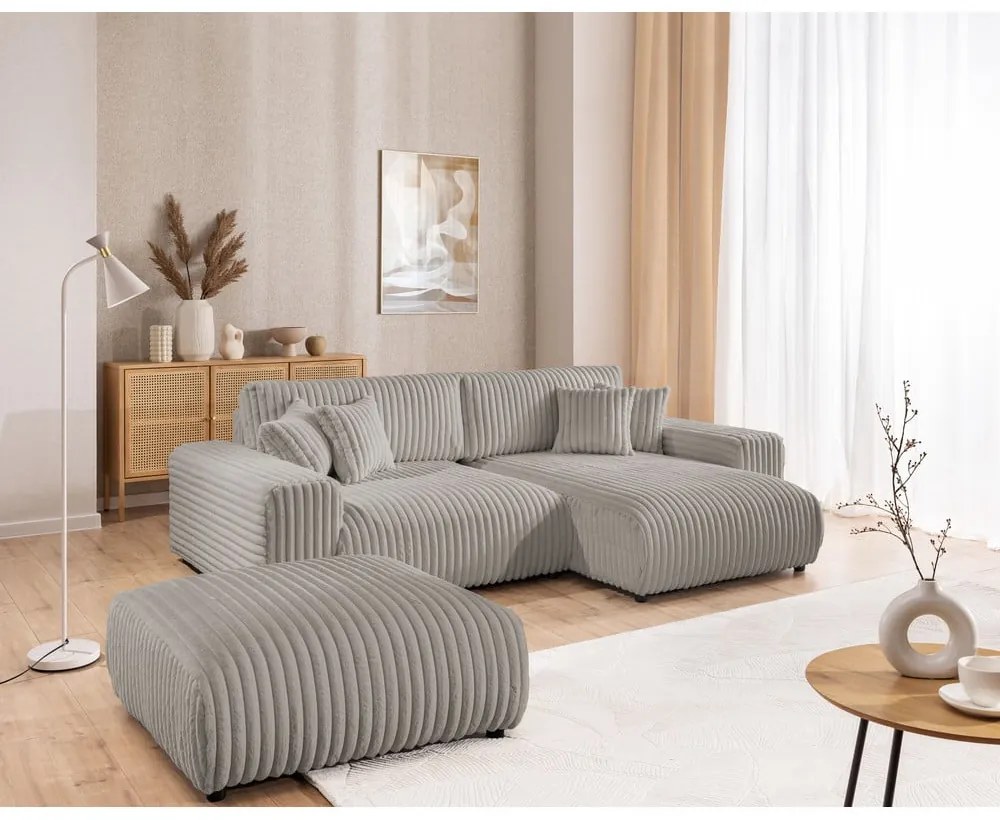 Светлосив разтегателен ъглов диван от рипсено кадифе с място за съхранение (десен ъгъл) Sarina – Ropez