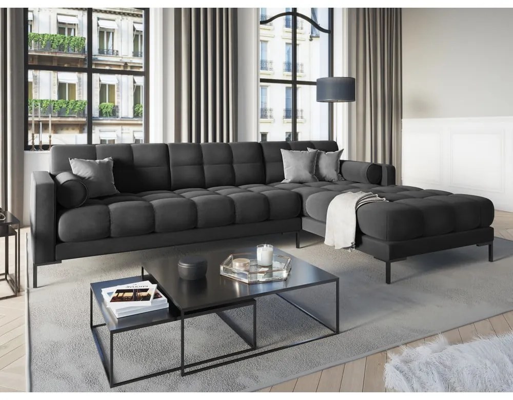 Тъмносив ъглов диван от кадифе , десен ъгъл Bali - Cosmopolitan Design