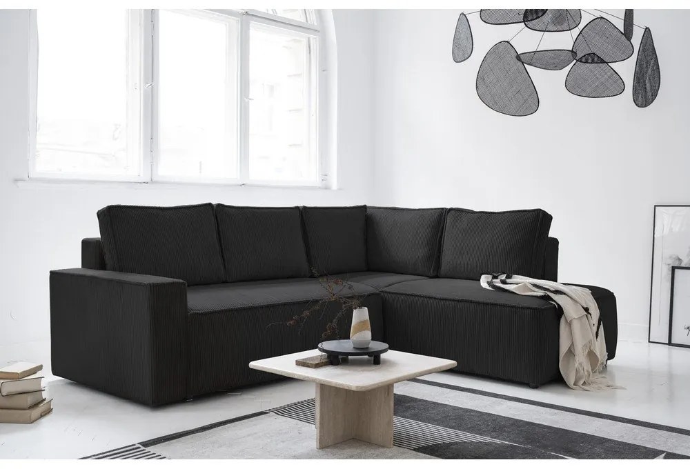 Антрацитен разтегателен ъглов диван от рипсено кадифе (десен ъгъл) Brave Dave – Miuform