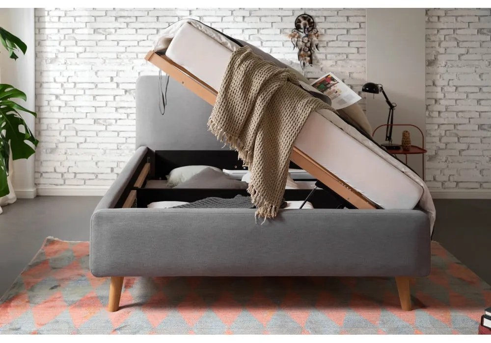 Сиво двойно легло 140x200 cm тапицирано с място за съхранение с включена подматрачна рамка Mattis – Meise Möbel