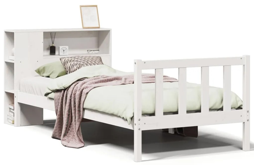 3321679 vidaXL Легло с рафтове за книги, без матрак, бял, 90x190 см, бор масив