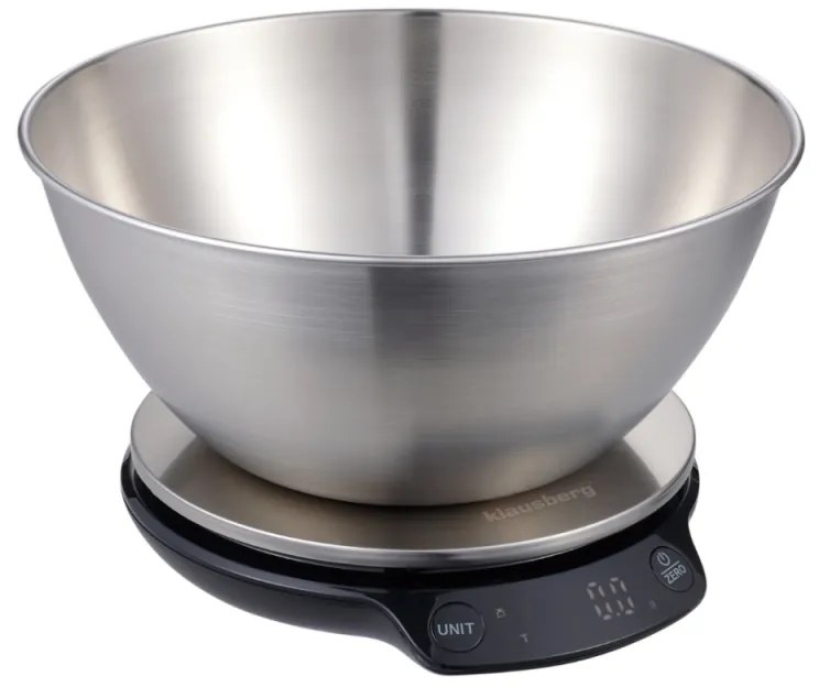 Кухненска везна с купа Klausberg KB 7939, 5 Kg, Bluetooth, Мобилно приложение, LED, ТАРА, Течности, 4 хранителни стойности, Инокс