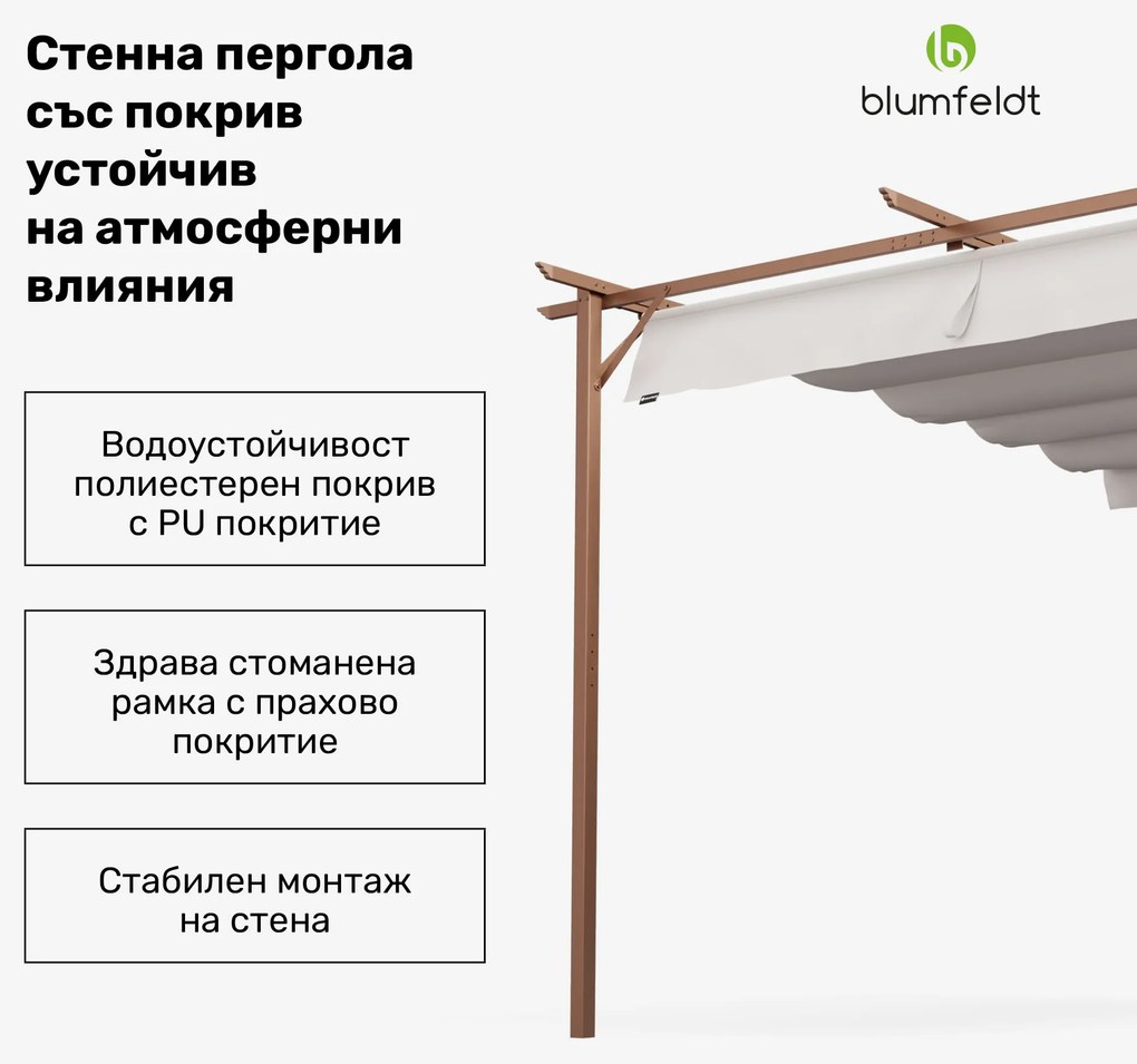 NA Blumfeldt Pantheon Wall Pergola, стенна пергола, 3 x 3 м, прахово боядисана стомана, устойчива на атмосферни влияния