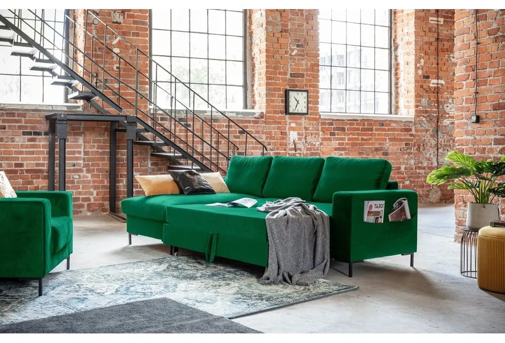 Зелен кадифен ъглов разтегателен диван, ляв ъгъл Lofty Lilly - Miuform