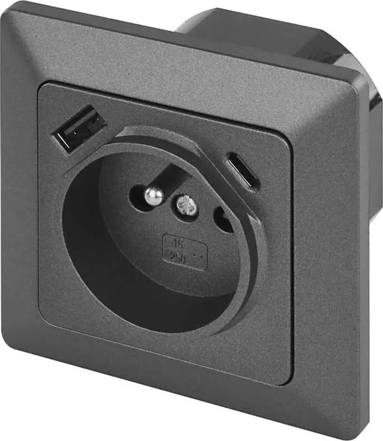 Универсална домашна розетка с USB-A и USB-C, френски стандарт, 250V/16A, антрацит