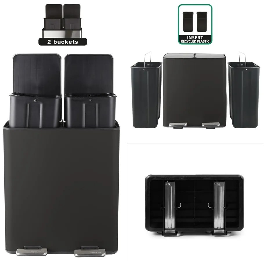 Матово черно стоманено кошче за боклук 2x20 l за рециклиране с педал Aliya – Spirella