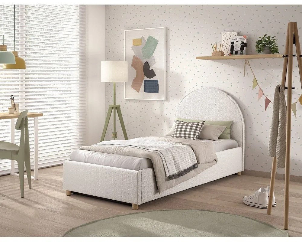 Бяло тапицирано единично легло с място за съхранение с включена подматрачна рамка 90x200 cm Moon – Vipack