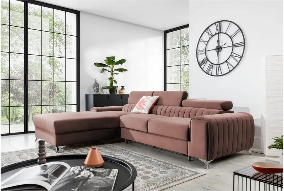 Розов кадифен разтегателен ъглов диван с място за съхранение (ляв ъгъл) Grayson – ELTAP