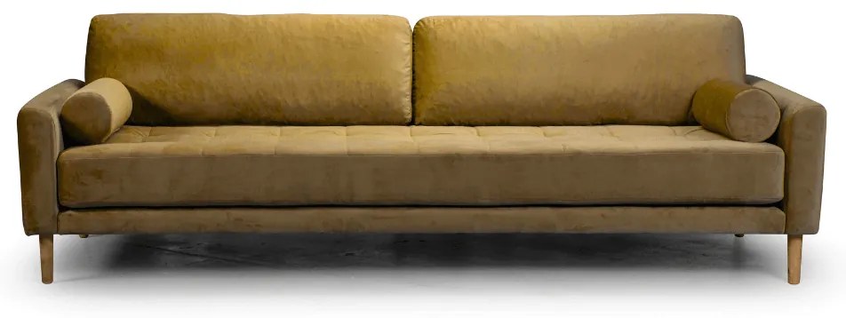 Четириместен диван Midcentury в жълто кадифе, 244/93/66 см