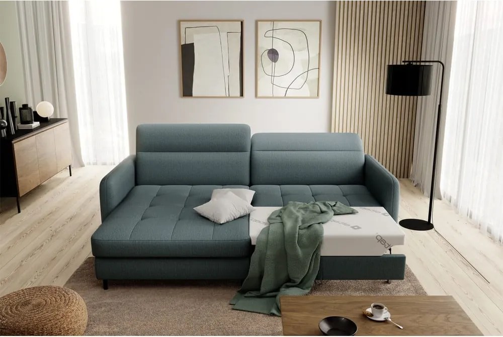 Сиво-зелен кадифен разтегателен ъглов диван с място за съхранение (ляв ъгъл) Gomsi – ELTAP