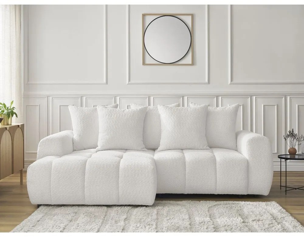 Бял сгъваем/с място за съхранение ъглов диван от прежда с примки от букле (ляв ъгъл) Roxelane – Bobochic Paris